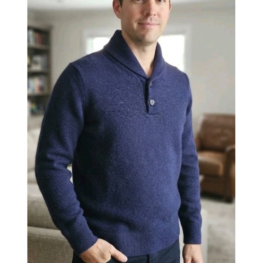 J.Crew Men's Blue Lambswool Blend Shawl Collar 2-Button Mock Neck Sweater - Size